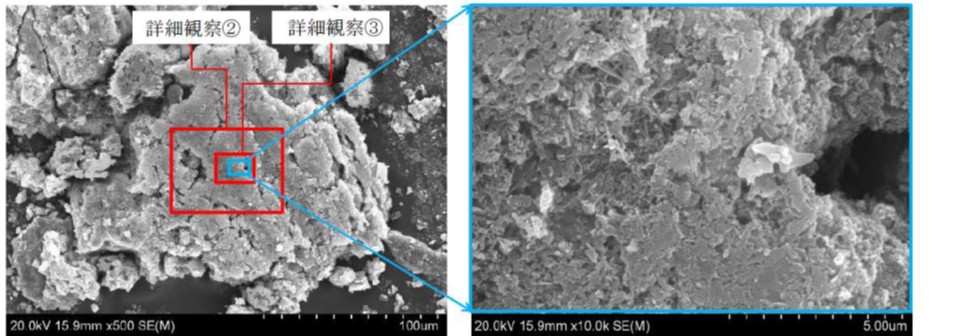 図4　詳細観察②及び③の範囲及び詳細観察③中の拡大FE-SEM像