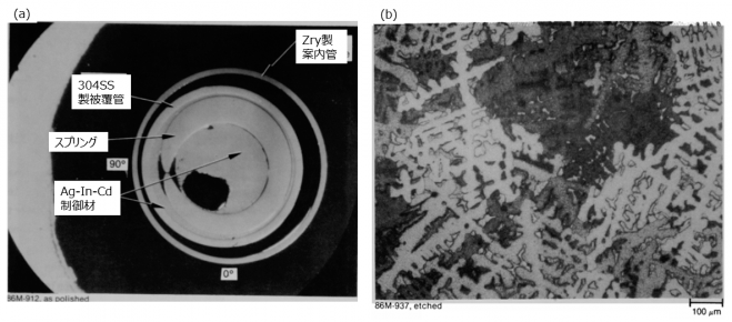 図６(b)　制御棒+案内管サンプル（3-14C/G）のM-15部位（燃料棒上端から約13cm下、スプリング）　(a)断面金相、(b)Ag-In-Cd相の拡大金相（エッチング後）