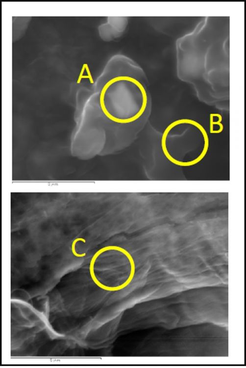 図4　2PEN2101 WDX点分析の概略位置 点A：U含有粒子上　点B：U含有粒子周辺の粒子　点C：スミア繊維上