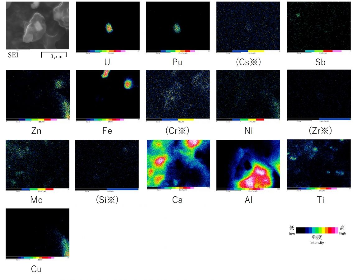 図8　2PEN2101 面分析による特性X線像 （注）・　各元素の特性X線像の取得に用いた波長については分析方法（JAEA 2021年度 受入サンプル共通）　FE-SEM/WDXを参照。 ・　有意でないと判定した元素は※を付し、括弧書きとした。元素を有意に含むか否かの判定の考え方については分析方法（JAEA 2021年度 受入サンプル共通）　FE-SEM/WDXを参照。