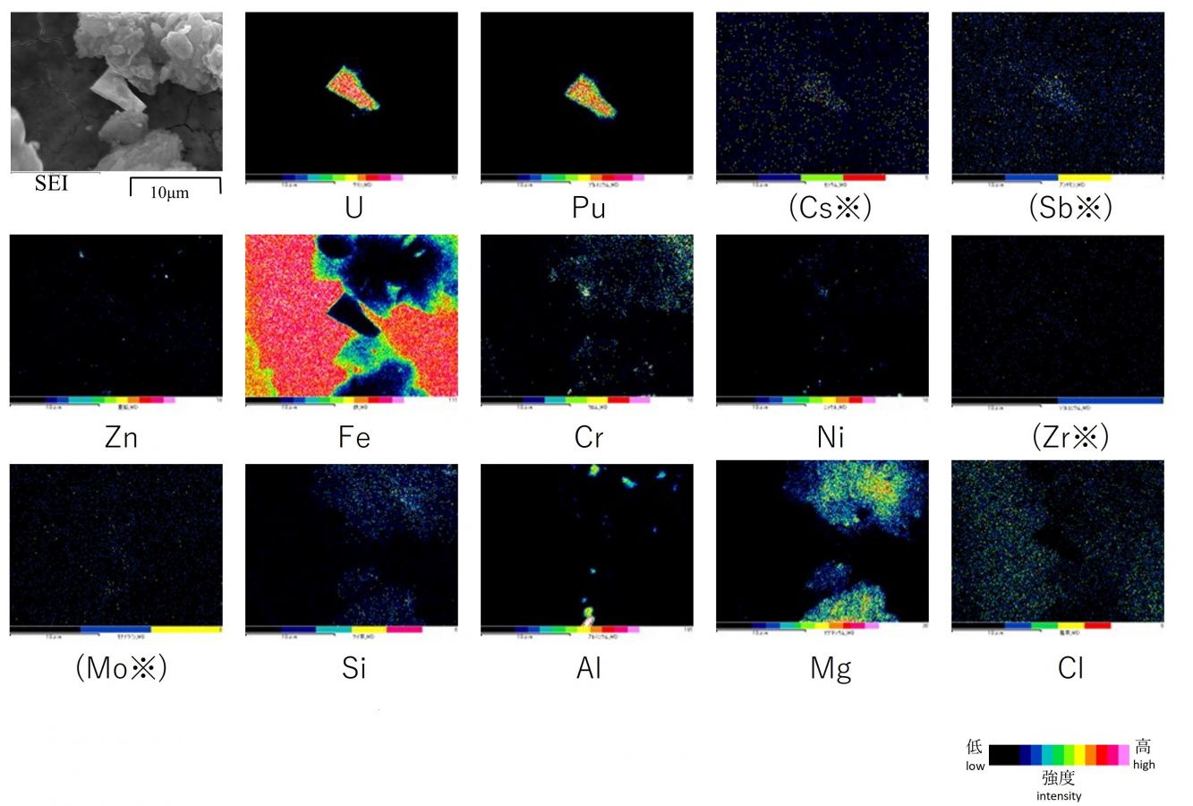 図8　2WEL2102A 面分析による特性X線像 （注）・　各元素の特性X線像の取得に用いた波長については分析方法（JAEA 2021年度 受入サンプル共通）　FE-SEM/WDXを参照。 ・　有意でないと判定した元素は※を付し、括弧書きとした。元素を有意に含むか否かの判定の考え方については分析方法（JAEA 2021年度 受入サンプル共通）　FE-SEM/WDXを参照。