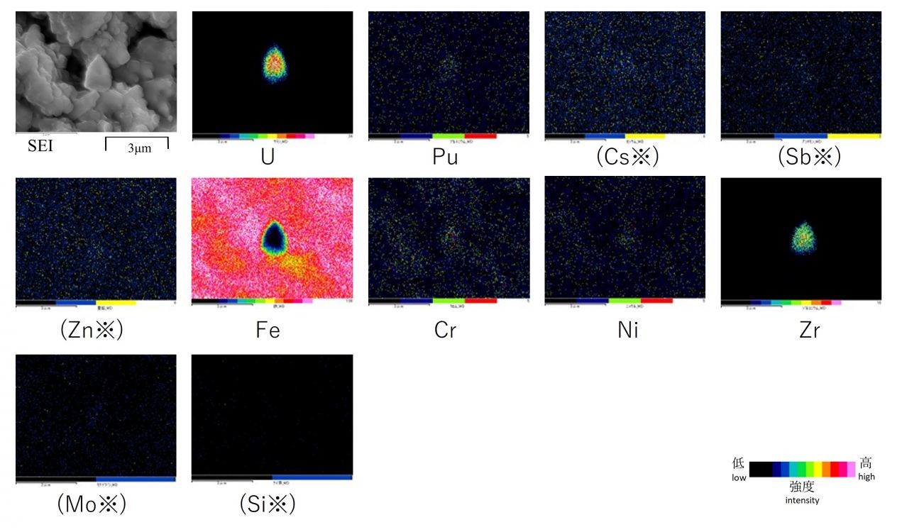 図8　2WEL2103A 面分析による特性X線像 （注）・　各元素の特性X線像の取得に用いた波長については分析方法（JAEA 2021年度 受入サンプル共通）　FE-SEM/WDXを参照。 ・　有意でないと判定した元素は※を付し、括弧書きとした。元素を有意に含むか否かの判定の考え方については分析方法（JAEA 2021年度 受入サンプル共通）　FE-SEM/WDXを参照。